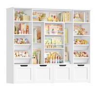 FOREHILL Meuble Rangement Enfant, Porte Coulissante, Bac Plastique Amovible | 140x30x120cm,Bibliothèque Enfant 4 tiroirs à roulettes 7 étagères, Rangement jouet chambre enfant, salle de jeu, Montessori
