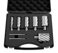 Foret à carotte VEVOR HSS, emmanchement Weldon, lot de 8 pièces. Foret magnétique, diamètre de coupe 22,22-50,8 mm, 6 forets avec 2 pointes de centrage, profondeur de coupe 50,8 mm, coffret en plastiq