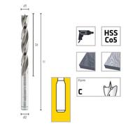 Foret à Tourillon Bois HSS Cobalt Résistance 650 °C - Bois, Panneaux D. 20 x Lt. 178 x Lu. 120 x Q. 9.5 mm x Z2 - Diamwood