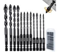 Foret Carrelage 12pcs Tungstène Ultra Dur - Mèche Carrelage 3-12mm avec Tige Hexagonale et Rainure d’Évacuation, Foret Diamant pour Verre, Céramique, Béton, Murs de Briques, Miroirs, Plastique et Bois