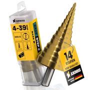 Foret étagé Ø 4-39 mm / 14 niveaux / tige de 10 mm / foret conique professionnel HSS / enclume PowerStep 2 / foret perforé pour acier, aluminium, plastique, verre acrylique