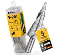 Foret étagé de 4 à 20 mm de diamètre / 9 niveaux de foret conique / tige de 10 mm / foret conique métallique professionnel HSS / enclume PowerStep 2 / foret pour acier, aluminium, plastique, verre