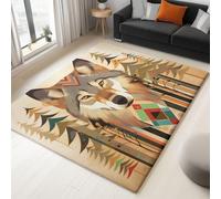 Forêt Géométrique Tapis de Chambre, 80 x 150 cm Poil Court Fin Doux Léger Résistant, Tapis Facile à Entretenir Loup Arbre Feuille Géométrie pour Chambre à Coucher Salon entrée décoration d'intérieur