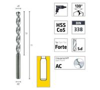 Foret Hélicoïdal HSS Cobalt DIN 338 - Aciers 1.300 N/mm_ et Fontes 130° D. 13 x Lt. 151 x Lu. 101 x Q. 13 mm x Z2 - Diamwood