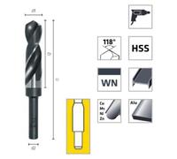 Foret Hélicoïdal HSS Extra Court Q. Réduite DIN 338 RN - Aciers 118° D. 20.64 x Lt. 159 x Lu. 86 x Q. 12.7 mm x Z2 - Diamwood