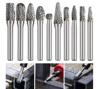 Forets de fraisage en carbure de tungstène, double tranchant, tige de 6 mm, pour le travail des métaux, du bois et de la pierre, pour l'ébavurage. Coffret de 10 pièces