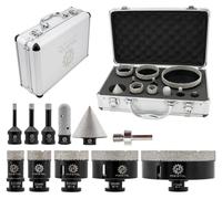 forets diamantés, coffret de 11 pièces (6/8/10/25/35/50/68/110 mm, 10 mm, 50 mm, foret de chanfreinage + adaptateur), scie à trous diamantée pour porcelaine, céramique, carrelage, marbre ou