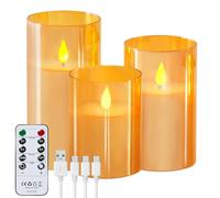 Forever Speed Lot de 3 Verre Doré Bougies LED Rechargeable avec Télécommande, Bougies Sans Flamme Graduable avec Câble de Charge pour Décoration de la Maison, Camping, Mariages, Cadeaux