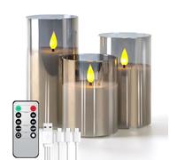 Forever Speed Lot de 3 Verre Gris Bougies LED Rechargeable avec Télécommande, Bougies Sans Flamme Graduable avec Câble de Charge pour Décoration de la Maison, Camping, Mariages, Cadeaux