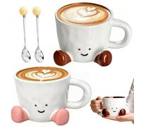 Foreverup Lot de 2 jolies tasses à café avec pieds, tasse à thé fantaisie avec pieds, 350 ml pétrie à la main avec cuillère, tasse fantaisie en céramique sur pied pour homme et femme, cadeau de Noël