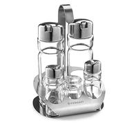 Forgast Ensemble d'assaisonnement | 5 éléments, salières et poivrières, distributeur d'huile et de vinaigre, porte-baguettes | Acier inoxydable et verre | Facile à nettoyer | Lavable au lave-vaisselle