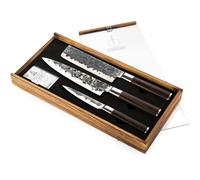 Forged Sebra - Set de 3 couteaux de cuisine en acier japonais 440C à manche en bois Dalbergia - Couteau de chef 20,5 cm, hache 17,5 cm, universel 12,5 cm