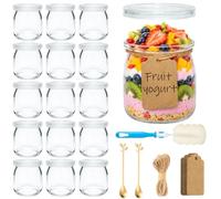 Forhandy Lot de 16 pots à yaourt avec couvercle, 200 ml, verres à dessert transparents avec couvercle, cuillères, cordon, pendentif, brosse de nettoyage, réutilisables, petits verres à dessert pour