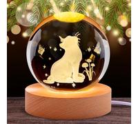 Forhome Lampe boule de cristal, veilleuse chat en cristal 3D avec LED et socle en bois