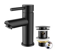 FORIOUS Robinet de Salle de Bain, Mitigeur Lavabo Compact en Inox | Hauteur de Bec de 85 MM avec Bonde, Mitigeur Monocommande, Eau Froide et Chaude, Aérateur,Noir
