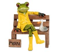 formano Grenouille sur banc avec salutation Moin et mouette en pierre artificielle peinte à la main 13 cm, grenouille du nord de l'Allemagne avec bottes en caoutchouc jaunes et parking de pluie