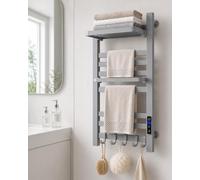 forplubossmmp Sèche-Serviettes Chauffant De Salle De Bain, Modèle Mural À 6 Barres avec Étagère Rabattable, 4 Niveaux, Minuterie 0-12 H, Panneau LED, Support Aluminium pour Maison Et Spa Gray