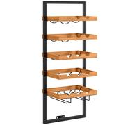 FORSMANO Casier à vin mural, 5 niveaux de casiers à bouteilles, pour 15 bouteilles & 4 verres, bois de pin acier, 35×25×86 cm, brun