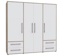 Forte Jupiter Armoire 200 210 à 4 Portes battantes avec 4 tiroirs et étagères Blanc avec décor en Bois chêne Sonoma 206 x 59 x 200 cm