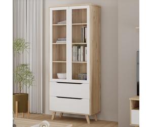 Forte VANKKA Vitrine 85, vitrine avec 2 Portes en Verre et 2 tiroirs, en Bois aggloméré, décor chêne Blanc, 84,7 cm de Large, 201,5 cm de Haut, 42 cm de Profondeur