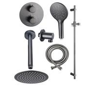 Fortifura Calvi Ensemble de douche à encastrer - rond - thermostatique - bras plafond - glissière - douche principale de 25 cm - douchette ronde - flexible de douche en métal - Gunmetal PVD brossé SW7