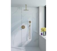 Fortifura Calvi Ensemble de douche à l'italienne - rond - thermostatique - bras plafond - douche principale de 25 cm - douchette ronde - flexible lisse - Laiton brossé PVD (Or) SW728176/SW720555/SW799