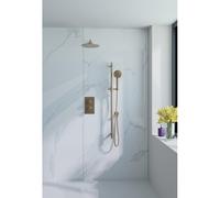 Fortifura Calvi Ensemble de douche de pluie encastré - thermostatique - bras mural - barre de douche - pomme de douche 30 cm - douchette ronde - flexible de douche métallique - Laiton brossé PVD (Or) 