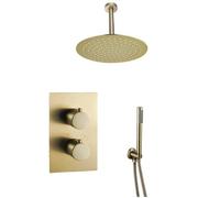 Fortifura Calvi ensemble de douche pluie encastré - douche de tête Ø 25 cm - bras de plafond 20 cm - douchette bâton 1 jet - support fixe - laiton brossé SW706206/SW720555/SW720557/SW720569/SW720570/S