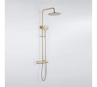 Fortifura Calvi Ensemble de douche pluie - thermostatique - pomme de douche 25cm - flexible métallique - douchette ronde - Laiton brossé PVD (Or) SW1159501 SW799449