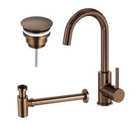 Fortifura Calvi Ensemble de robinet lavabo - rehaussé - bec rotatif - bonde non-obturable - siphon bas design - Cuivre SW799403 / SW799405 / SW970035