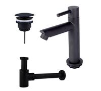 Fortifura Calvi - Ensemble lave-main avec robinet bas à poser, bonde non obturable et siphon design noir mat SW696235/SW696205/SW696215