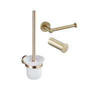 Fortifura Calvi Ensemble WC 3 pièces - porte-rouleau de papier toilette sans couvercle - balai de toilette - patère serviette simple ronde - Laiton Brossé PVD (Or) SW639940 SW639941 SW1211588