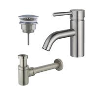 Fortifura Calvi Kit mitigeur lavabo - robinet bas - bonde non-obturable - siphon design bas - PVD Inox brossé SW377856/SW696207/SW696217
