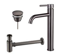 Fortifura Calvi Kit mitigeur lavabo - robinet rehaussé - bonde clic clac - siphon design bas - PVD Gunmetal SW766541/SW767288/SW767295