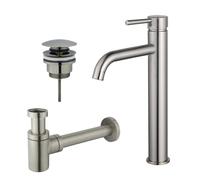 Fortifura Calvi Kit mitigeur lavabo - robinet rehaussé - bonde clic clac - siphon design bas - PVD Inox brossé SW377857/SW696201/SW696217