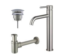 Fortifura Calvi Kit mitigeur lavabo - robinet rehaussé - bonde non-obturable - siphon design bas - PVD Inox brossé SW377857/SW696207/SW696217