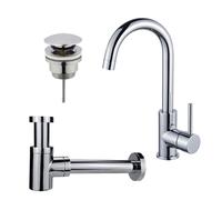 Fortifura Calvi Kit robinet lavabo - robinet haut - bec rotatif - bonde clic clac - siphon design bas - Chrome brillant SW809346/SW696203/SW696219