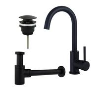 Fortifura Calvi Kit robinet lavabo - robinet haut - bec rotatif - bonde clic clac - siphon design bas - Noir mat SW809347/SW696199/SW696215