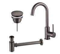 Fortifura Calvi Kit robinet lavabo - robinet haut - bec rotatif - bonde non-obturable - siphon design bas - Gunmetal PVD SW809350/SW767288/SW767295
