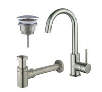 Fortifura Calvi Kit robinet lavabo - robinet haut - bec rotatif - bonde non-obturable - siphon design bas - Inox brossé PVD SW809348/SW696207/SW696217