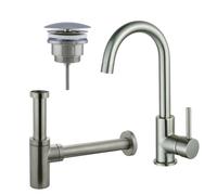 Fortifura Calvi Kit robinet lavabo - robinet haut - bec rotatif - bonde non-obturable - siphon design - Inox brossé PVD SW809348/SW696207/SW696212