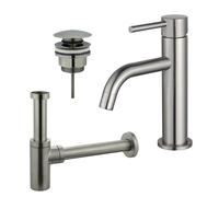 Fortifura Calvi Slim Kit mitigeur lavabo - robinet bas - bonde clic clac - siphon design - PVD Inox brossé SW377858/SW696201/SW696212