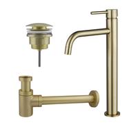 Fortifura Calvi Slim Kit mitigeur lavabo - robinet rehaussé - bonde clic clac - siphon design bas - PVD Laiton brossé SW720546/SW696202/SW696218