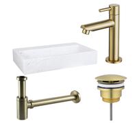 Fortifura Fuente Pack Lave-mains - 38x24x8cmcm - 1 trou de robinet - marbre - robinet Laiton brossé - Blanc SW696238/SW696208/SW696218/SW451336