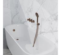 Fortifura Nebbio Ensemble robinetterie bain - mitigeur thermostatique - coude mural avec support de douchette - flexible de douche lisse - douchette ronde - Remplissage-vidage de baignoire - cuivre br