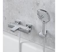 Fortis Ensemble pour baignoire avec mitigeur thermostatique, douchette à main Push à 3 jets, support de douchette et flexible de douche, 84111THPC+5318501PC+53162125PC+15507PC,