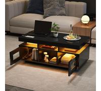 Fortuna Lai 100 × 50 × 43 cm Table basse noire brillante, avec éclairage LED contrôlable via une application mobile, table de salon avec placard, table basse avec prise de recharge et prise électrique