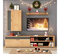 Fortuna Lai 140*35*39cm Ensemble mural TV (ensemble complet, 3 pièces), meuble multimédia avec meuble TV, étagère sur pied et étagère murale, ensemble de meubles TV pour salon, meuble TV moderne, sur 