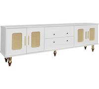 Fortuna Lai 177 cm Armoire TV rétro, poignées dorées, 2 tiroirs, porte en rotin et pieds en bois massif, blanc