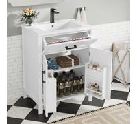 Fortuna Lai 60 x 46 x 84,8 cm Meuble de salle de bain sur pied avec lavabo, plan de toilette, finition laquée, étagères à double porte, tiroirs pratiques, étagères réglables, lavabo en céramique intég